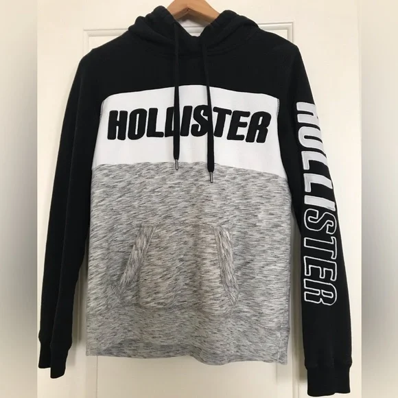 Hollister block color (black, white, and grey) drawstring hoodie (size S)